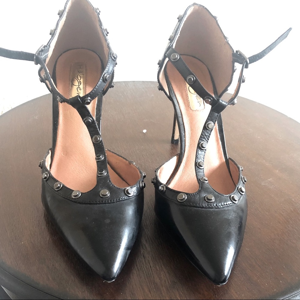 Black patent grommet T-strap pump by Halogen